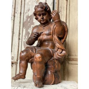 Grand XVIIIéme Putti En Chene- Flandres  80 Cm Hauteur