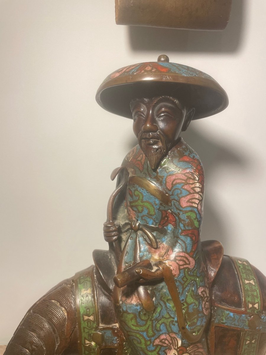 Toba The Poet Riding A Mule, In Cloisonne Bronze-photo-2