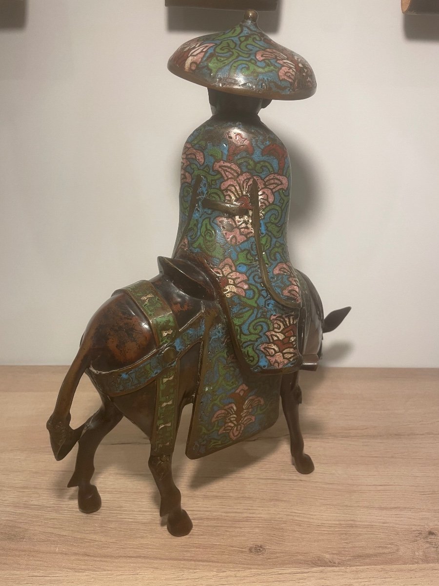 Toba The Poet Riding A Mule, In Cloisonne Bronze-photo-3