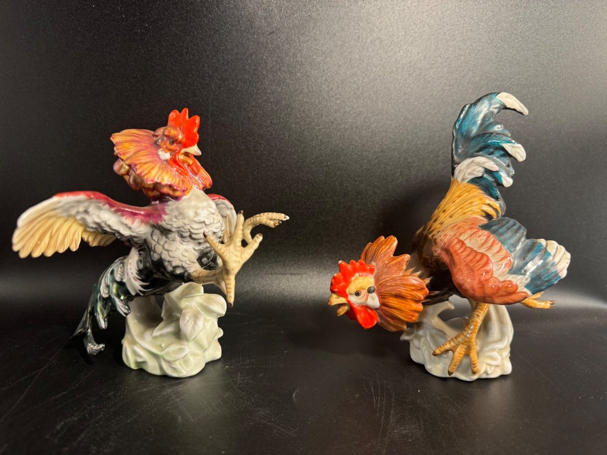 Pair Of Algora Porcelain Fighting Cocks-photo-2