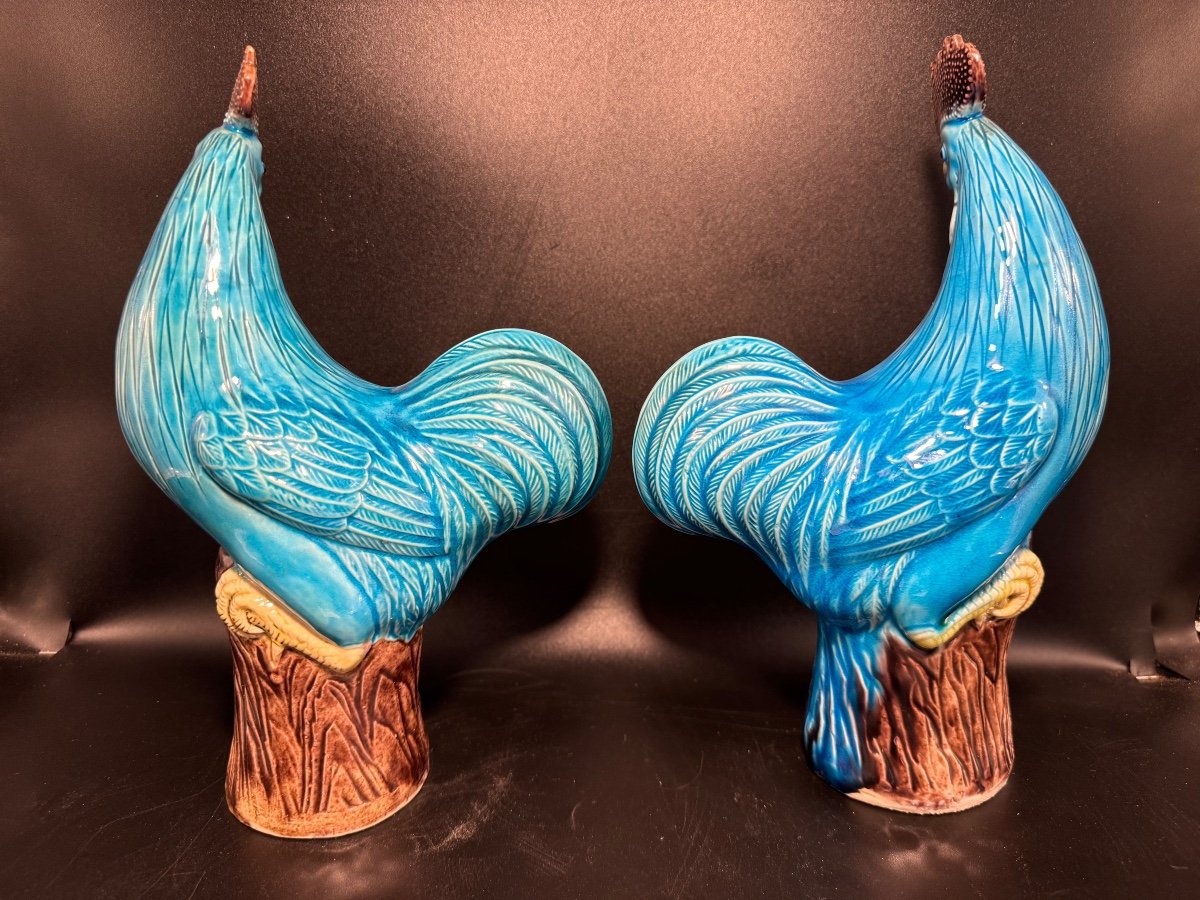 Paire De Coq En Porcelaine émaillée Bleu de Chine-photo-3