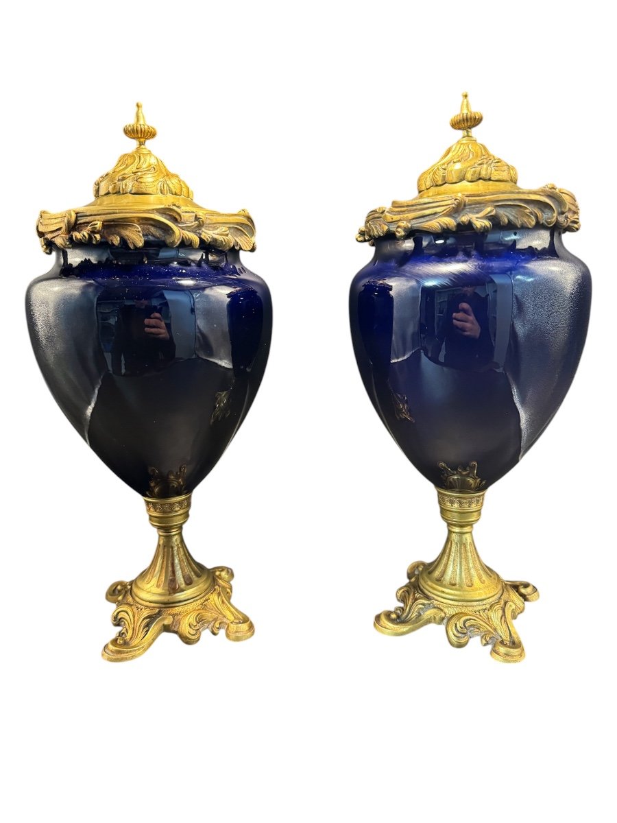 Pair Of Bronze Mounted Cobalt Blue Porcelain Covered Vases-photo-2