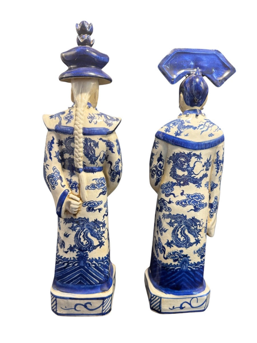 Empereur Et Impératrice De Chine En Porcelaine Bleue Et Blanc-photo-2