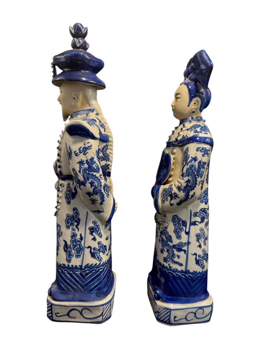 Empereur Et Impératrice De Chine En Porcelaine Bleue Et Blanc-photo-4