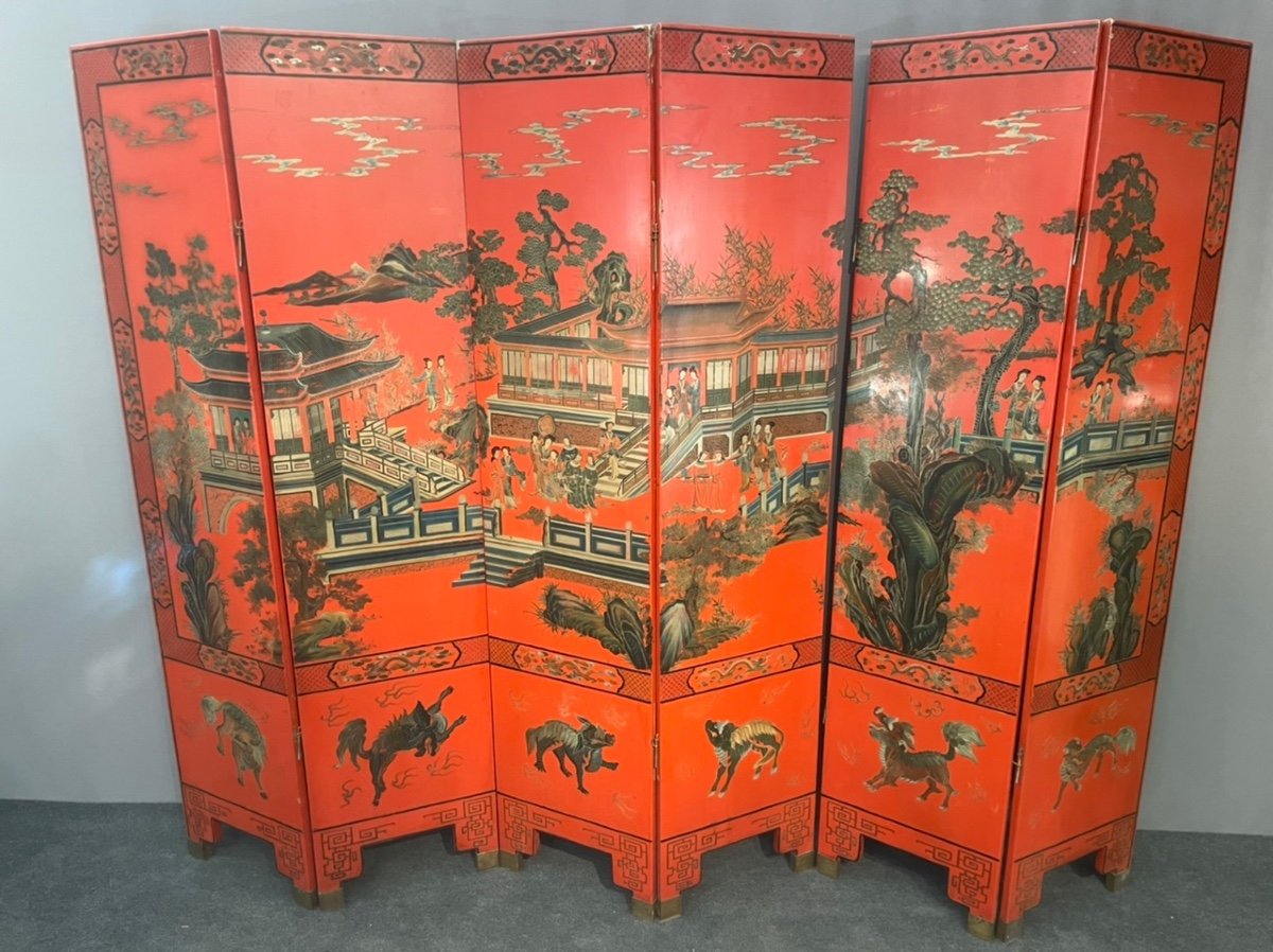 Screen With Six Leaves In Chinese Red Lacquer-photo-4