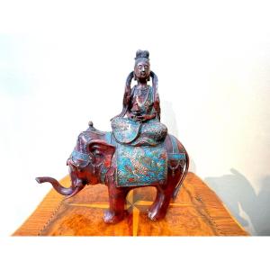 Kannon Assise Sur Un éléphant En Bronze Cloisonnés 