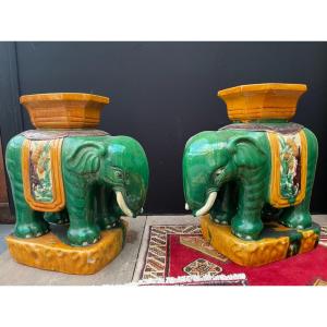 Pair Of Enamelled Stoneware Saddles Representing Elephants