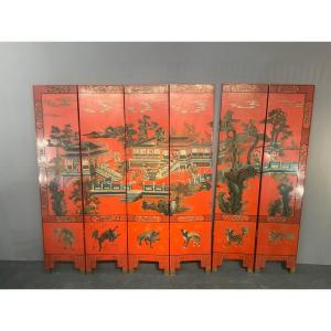 Screen With Six Leaves In Chinese Red Lacquer