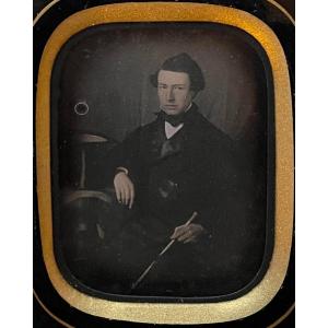 Photography - Daguerreotype Portrait Of A Young Man With Cane And Top Hat 