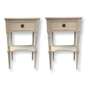 Pair Of Louis XVI Beige Lacquered Bedside Tables 