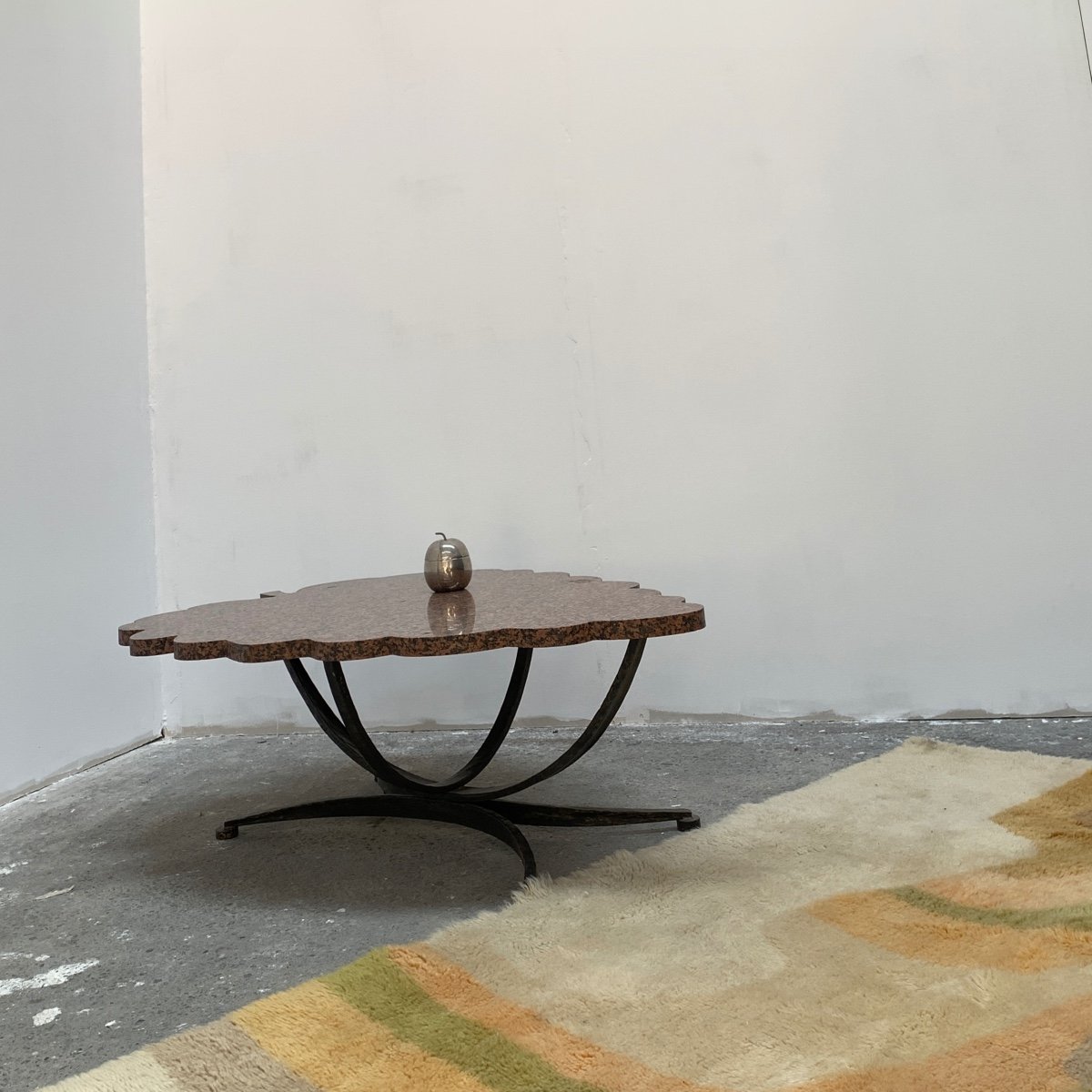 Old Granite And Hammered Wrought Iron Coffee Table-photo-1