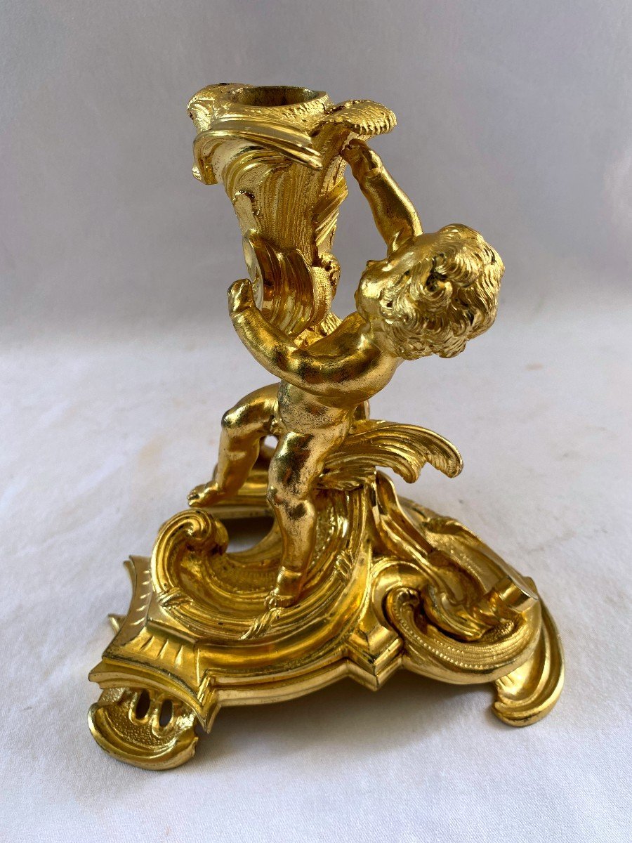 Flambeau d'époque Louis XV En Bronze Doré Au C Couronné-photo-3