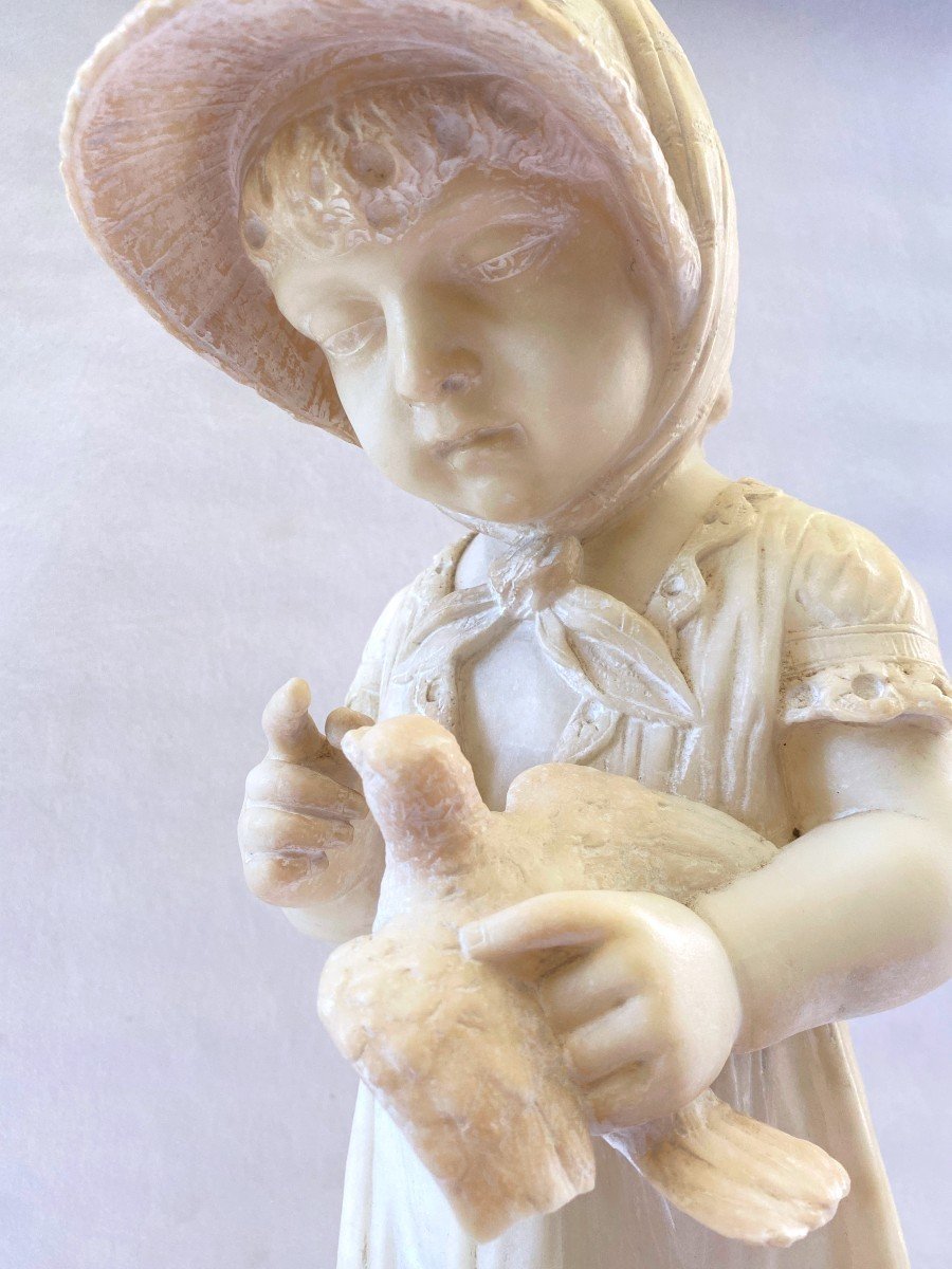 Alabaster Sculpture Young Girl With Bird-photo-3