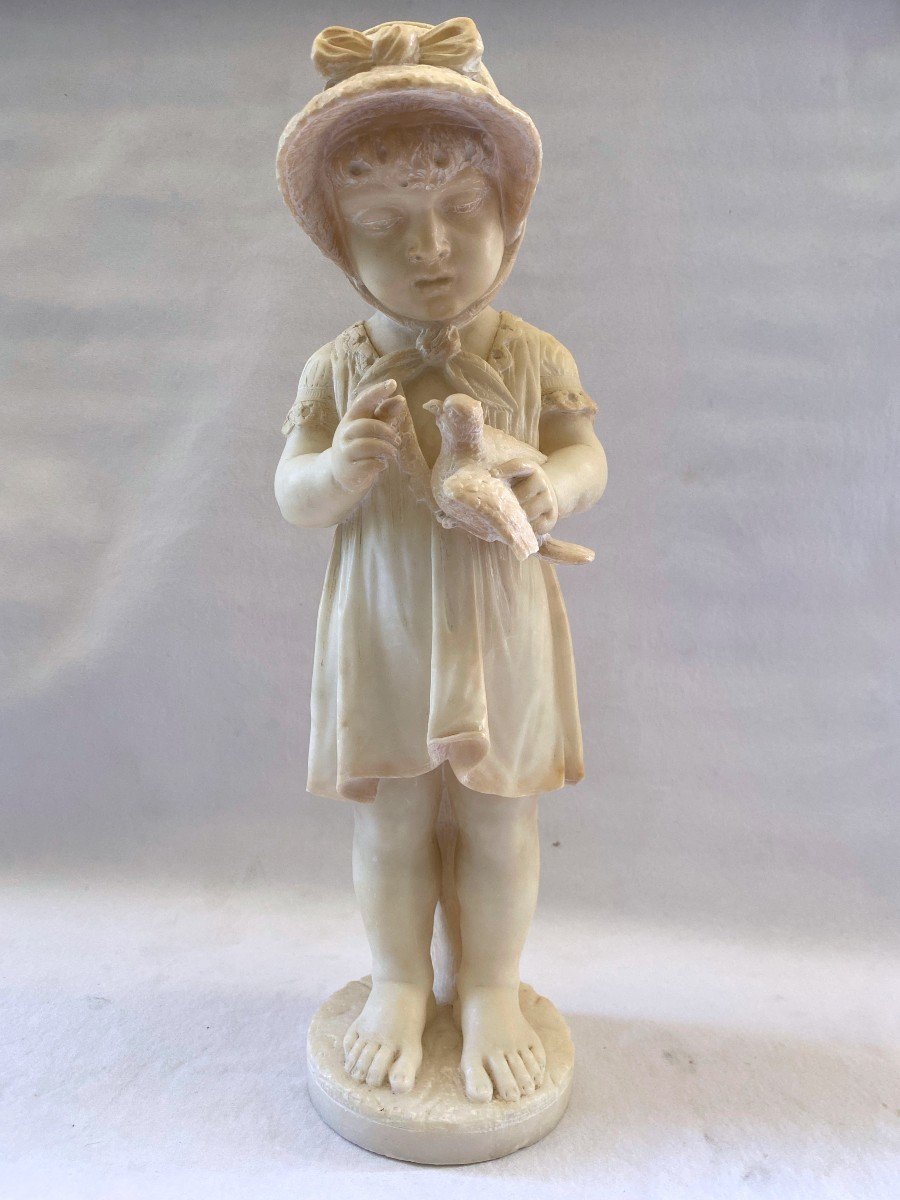 Alabaster Sculpture Young Girl With Bird