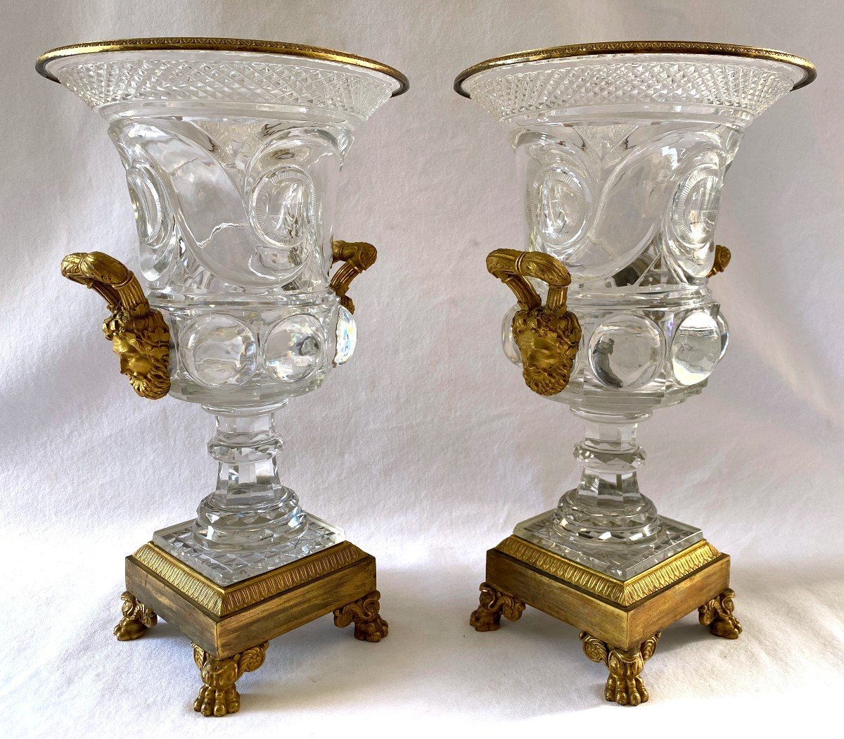 Pair Of Empire Vases In Cut Crystal Mounted Gilt Bronze-photo-2