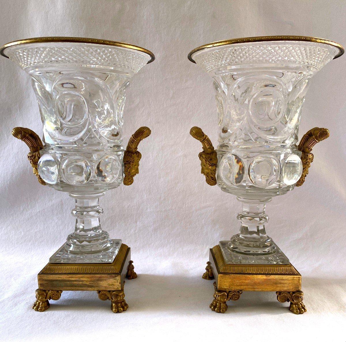 Pair Of Empire Vases In Cut Crystal Mounted Gilt Bronze