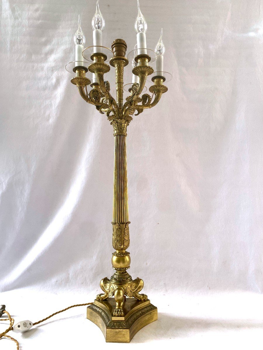 Large Gilt Bronze Candelabra Lamp