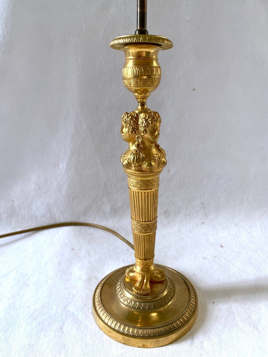 Lampe Empire En Bronze Doré Bougeoir Au Cariatides 