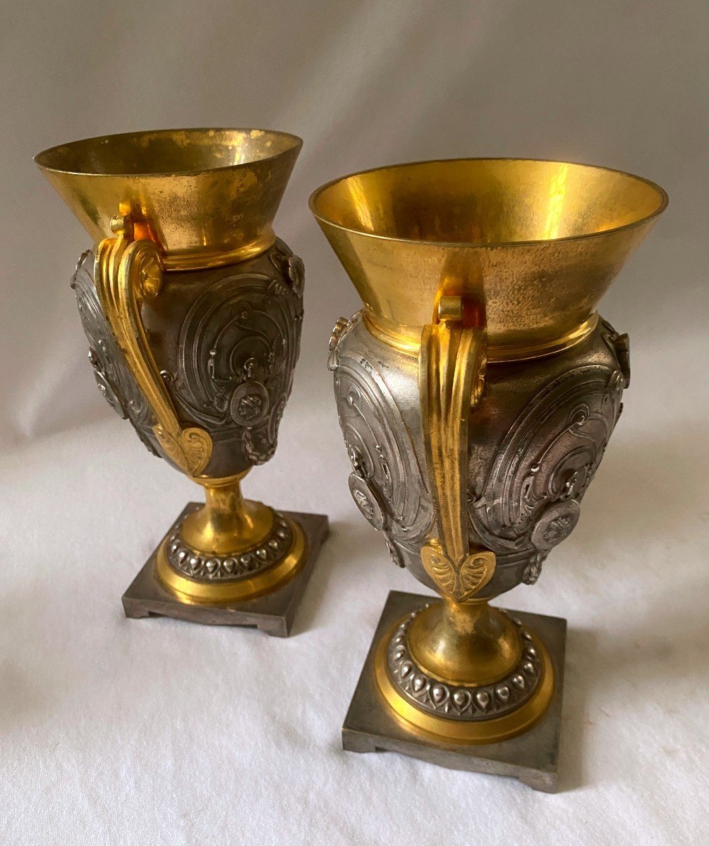 Pair Of Vases Signed Oudry In Gilt And Silver Bronze-photo-3