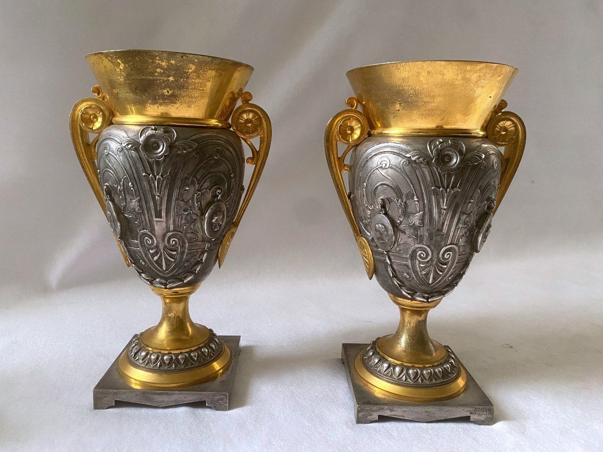 Pair Of Vases Signed Oudry In Gilt And Silver Bronze