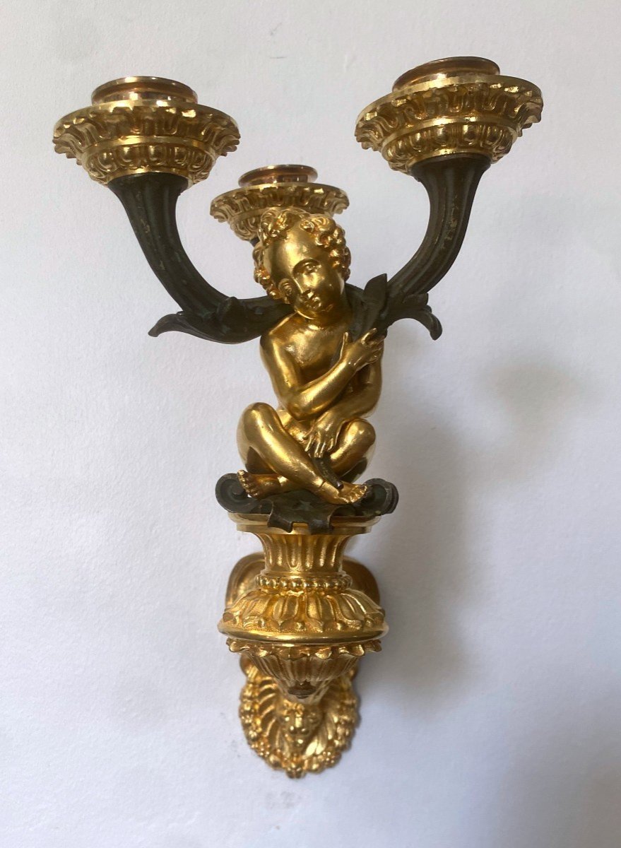 Pair Of Gilt And Patinated Bronze Wall Lights-photo-2