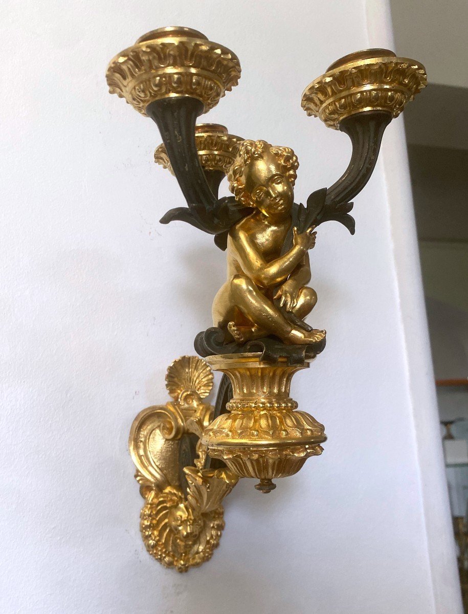 Pair Of Gilt And Patinated Bronze Wall Lights-photo-3