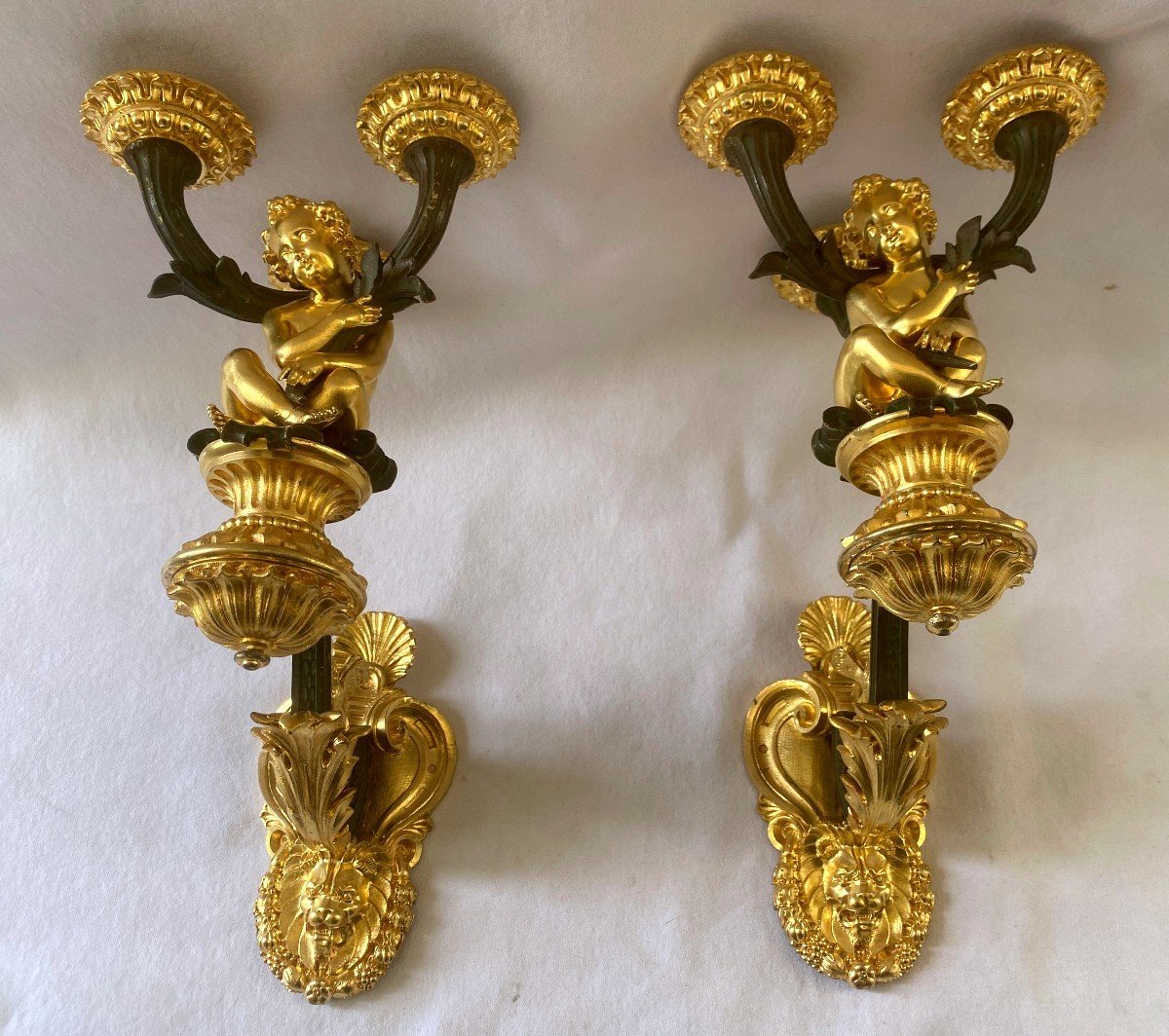 Pair Of Gilt And Patinated Bronze Wall Lights