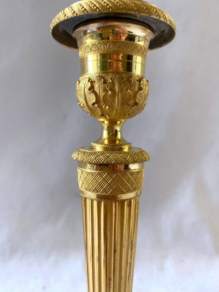 Pair Of Empire Period Candlesticks In Mercury-gilt Bronze-photo-4