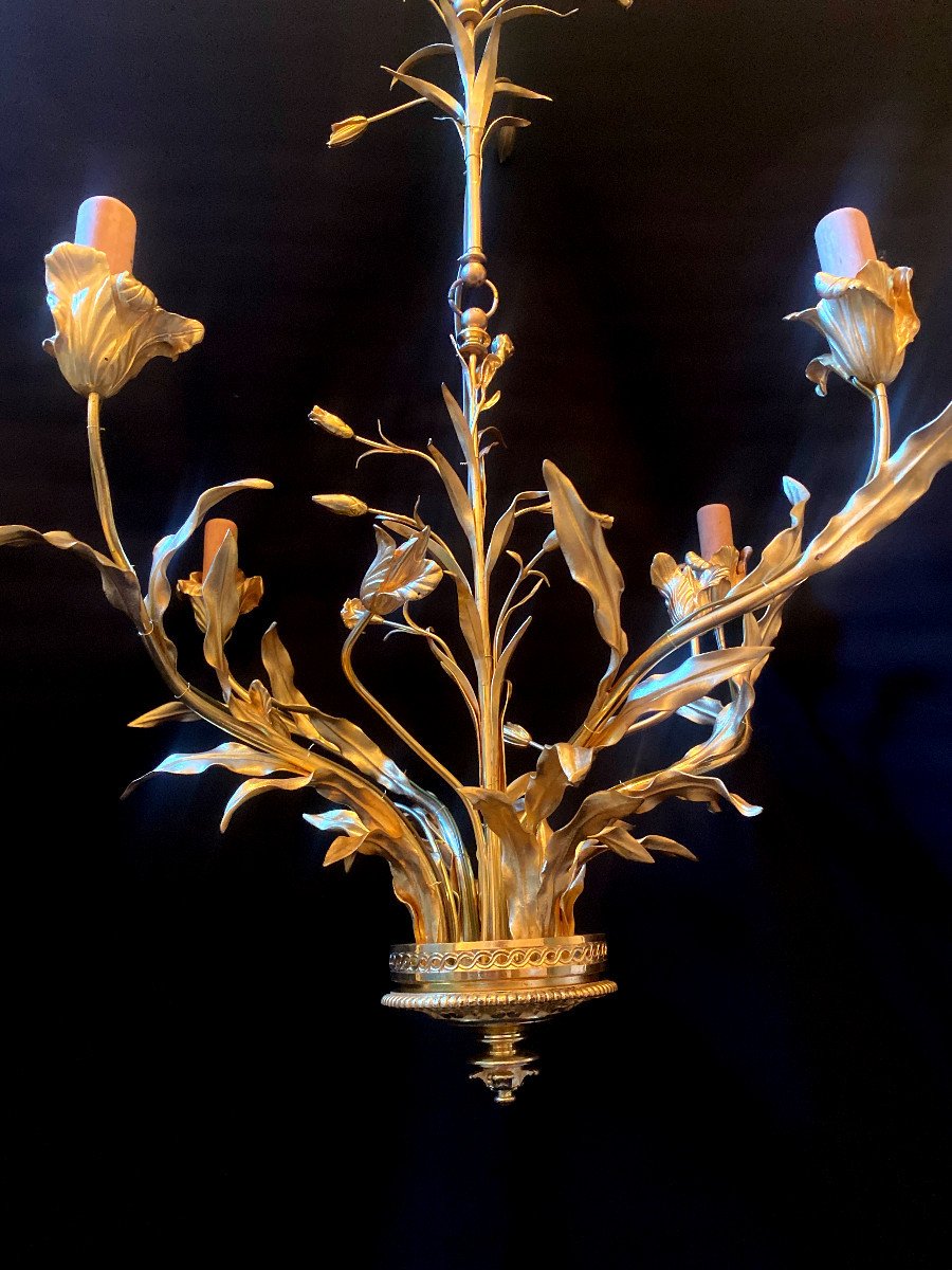 Lustre En Bronze Doré à Décor Floral-photo-4