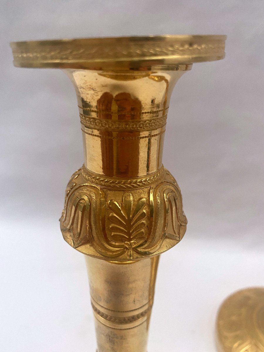 Pair Of Empire Candlesticks In Gilt Bronze-photo-3