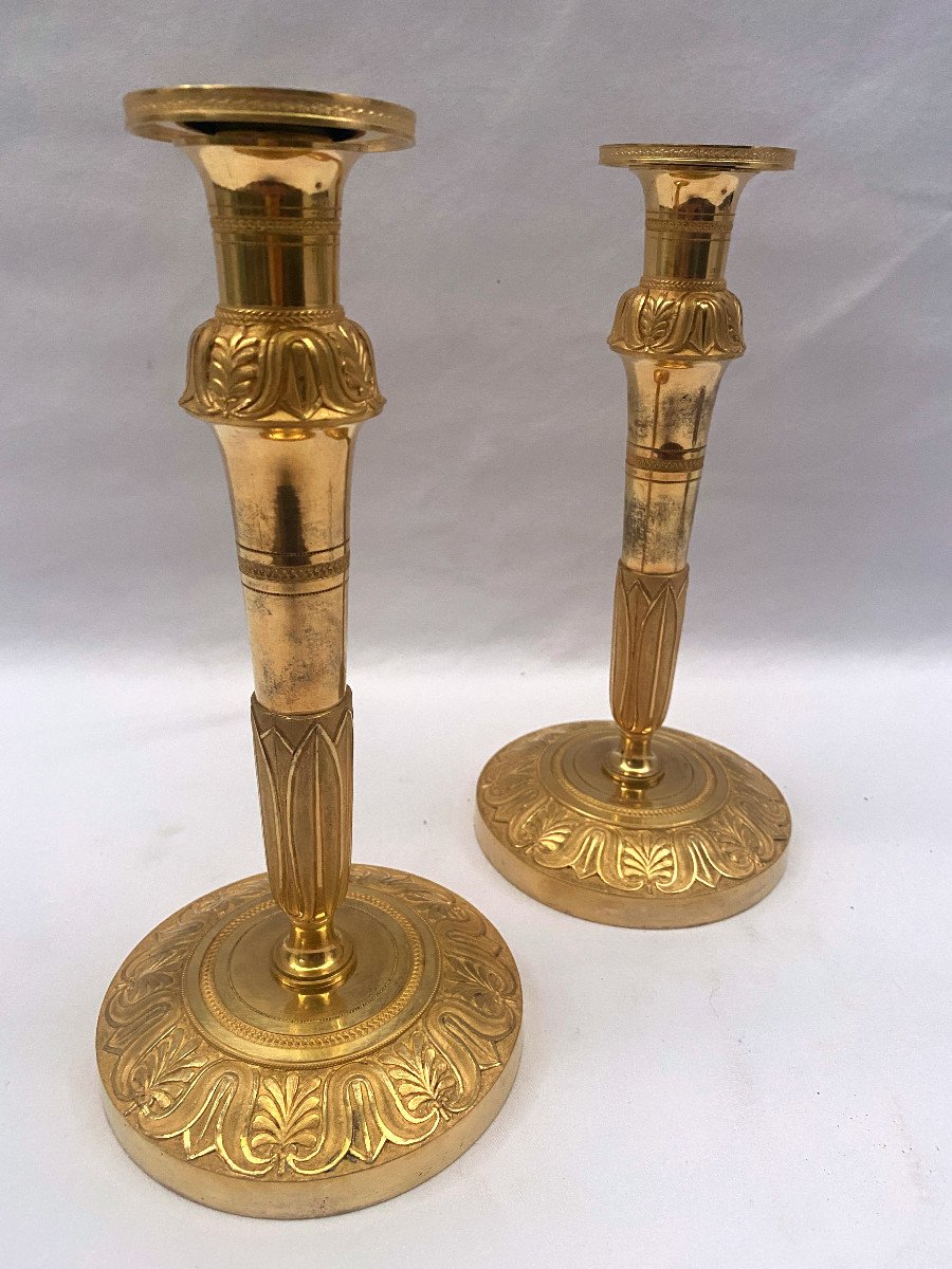 Pair Of Empire Candlesticks In Gilt Bronze