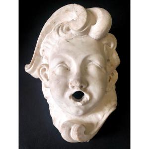 Mascaron De Fontaine Au Putti En Marbre 