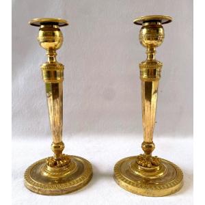 Antoine Ravrio Pair Of Empire Candlesticks In Gilt Bronze 