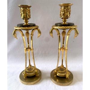 Pair Of Empire Candlesticks In Gilt And Patinated Bronze