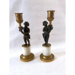 Pair Of Directoire Candlesticks In Bronze And Marble