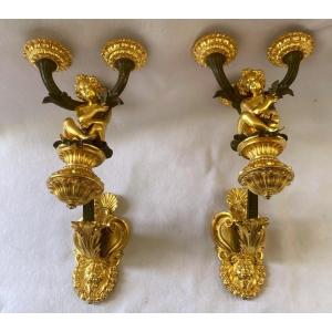 Pair Of Gilt And Patinated Bronze Wall Lights