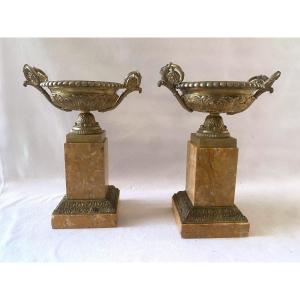 Large Pair Of Bronze And Marble Casseroles