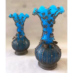 Pair Of Opaline Vases With Silver Mounting 