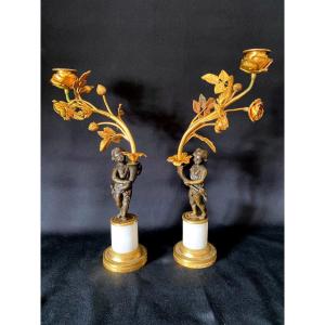 Pair Of Gilt And Patinated Bronze Candlesticks