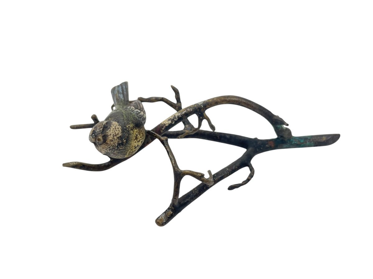 Bronze Bird With Enamel Paint, Perched On A Branch.-photo-3