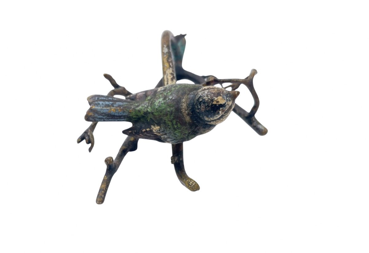 Bronze Bird With Enamel Paint, Perched On A Branch.-photo-4