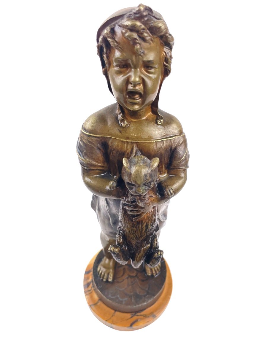 Bronze 'little Girl With A Cat' By Léon Pilet (1840-1916)-photo-2