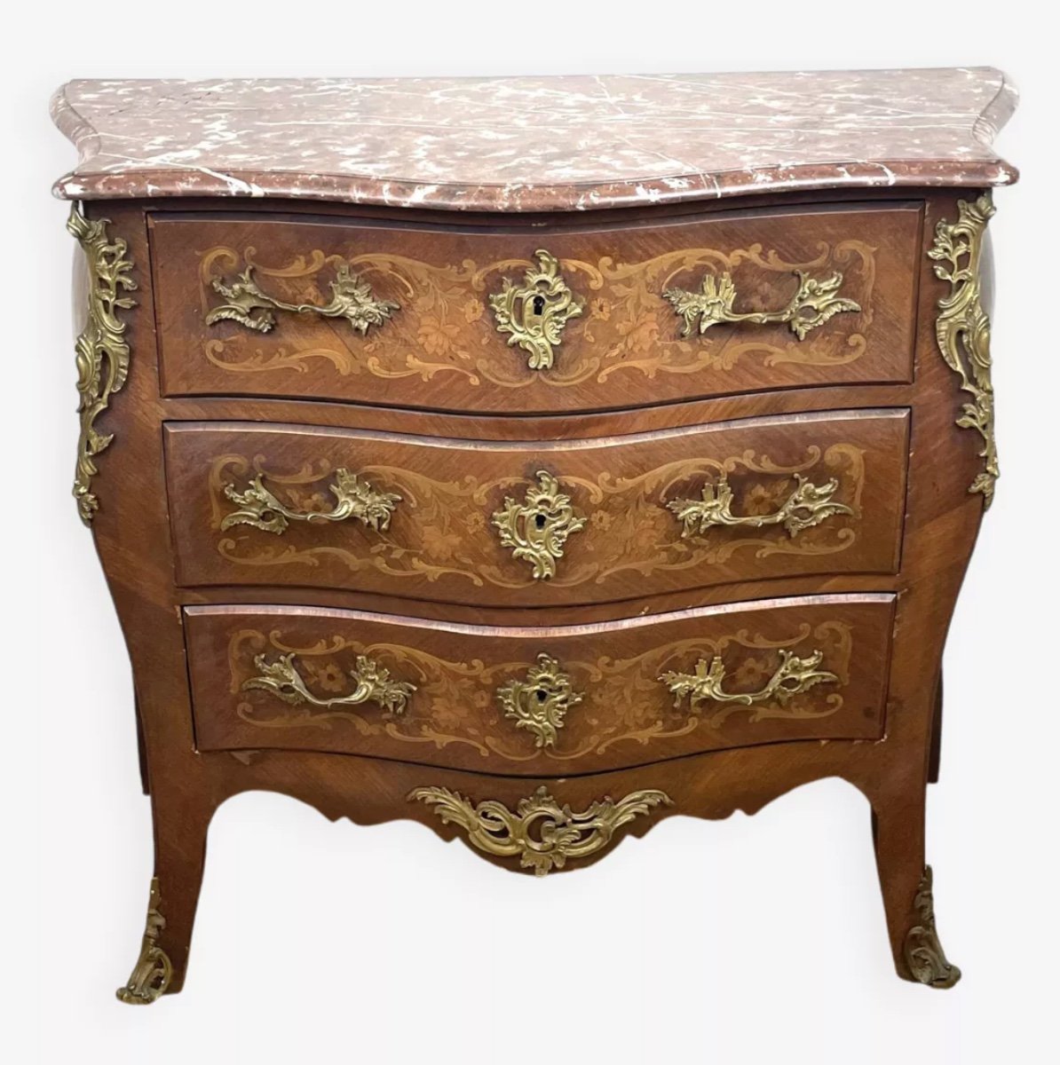 Louis XV Style Curved Chest Of Drawers In Marquetry Wood-photo-2