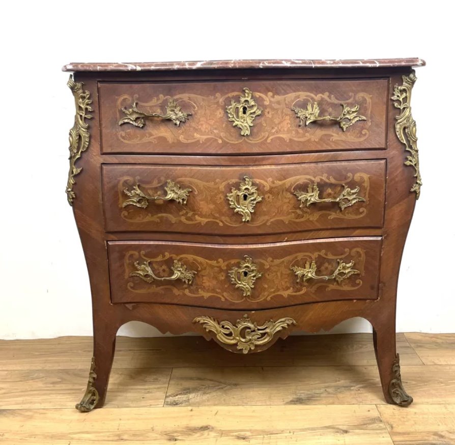 Louis XV Style Curved Chest Of Drawers In Marquetry Wood-photo-3