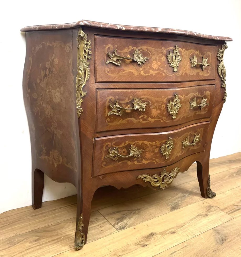 Louis XV Style Curved Chest Of Drawers In Marquetry Wood-photo-4