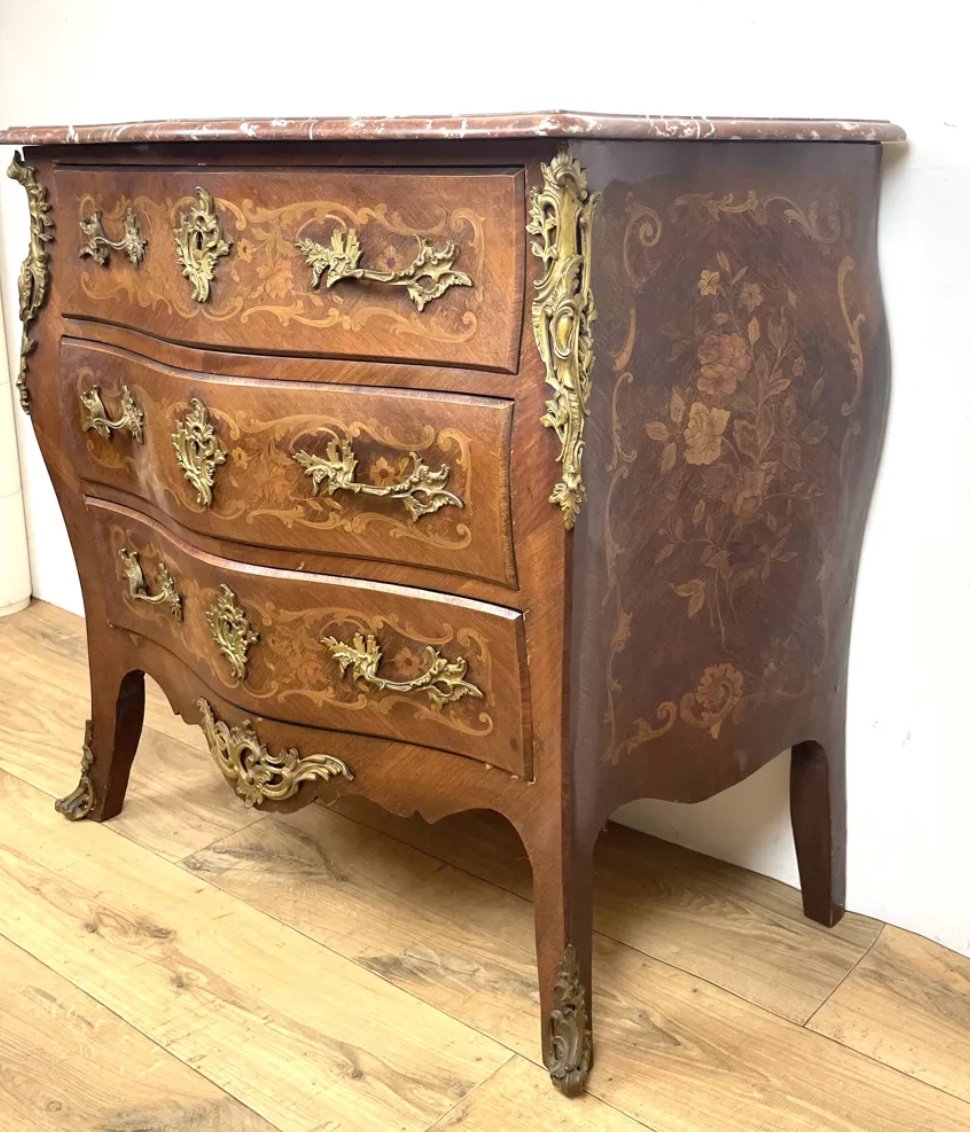 Louis XV Style Curved Chest Of Drawers In Marquetry Wood-photo-1