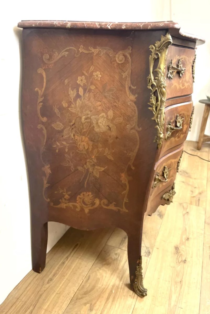 Louis XV Style Curved Chest Of Drawers In Marquetry Wood-photo-2