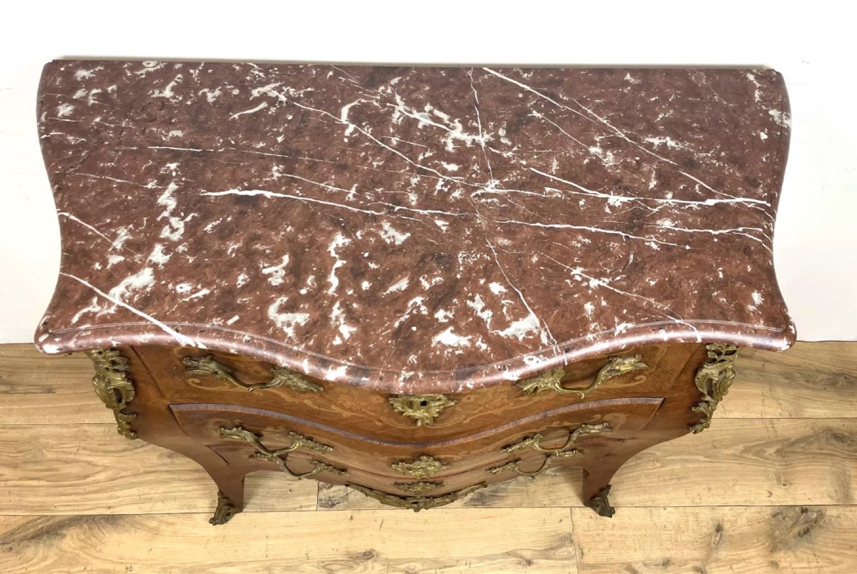 Louis XV Style Curved Chest Of Drawers In Marquetry Wood-photo-3