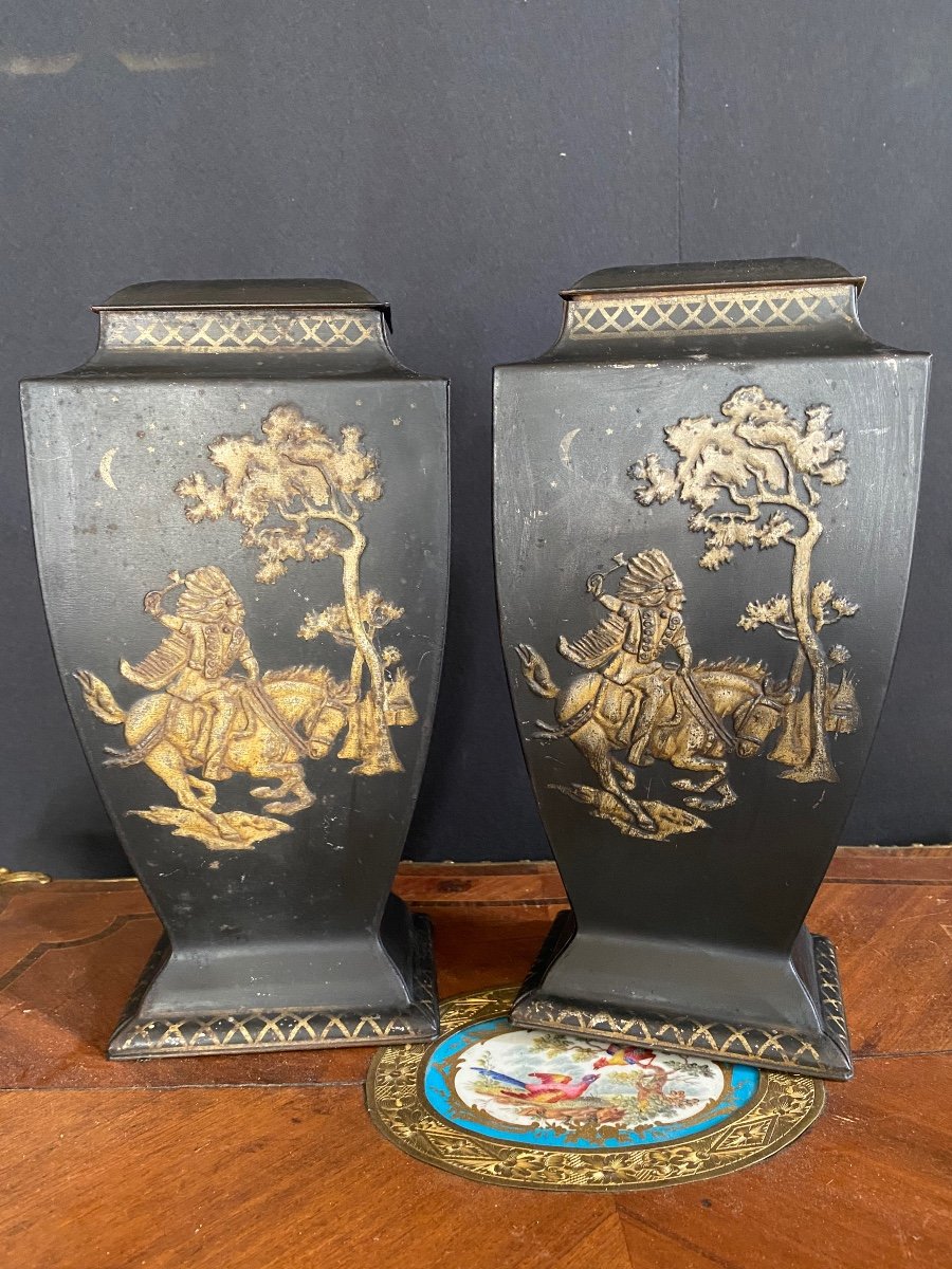 Pair Of Covered Pots In Painted Sheet Metal Orientalist Decor 19th-photo-4