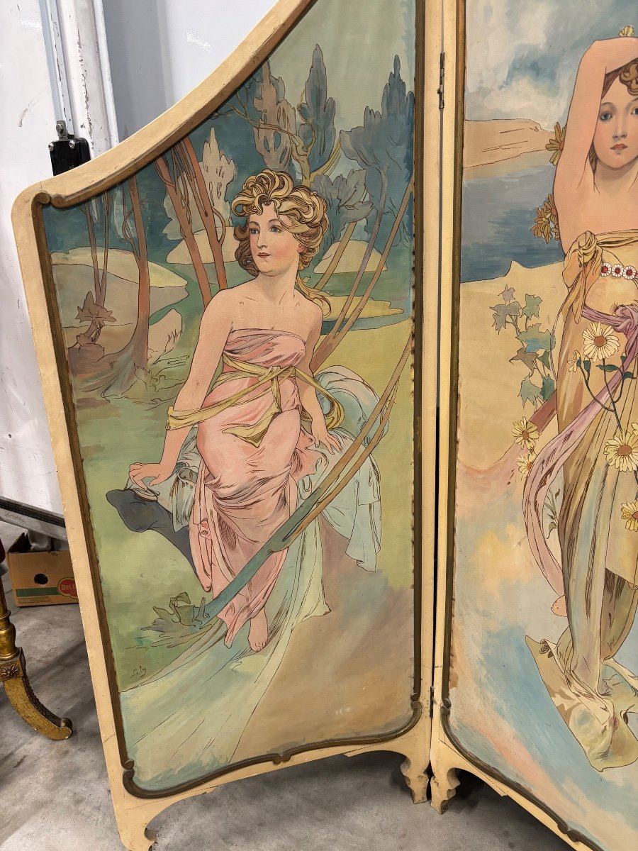 Painted Canvas Screen In The Taste Of Mucha Art Nouveau -photo-2